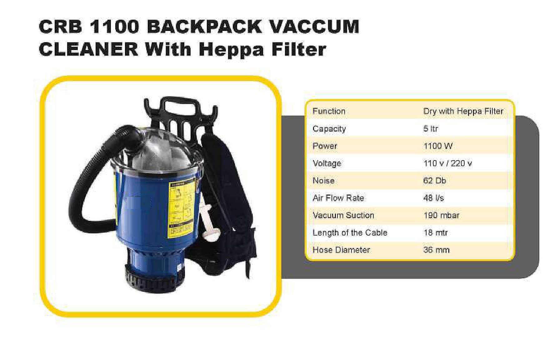 CRB 1100 Backpack Vacuum with HEPA Filter